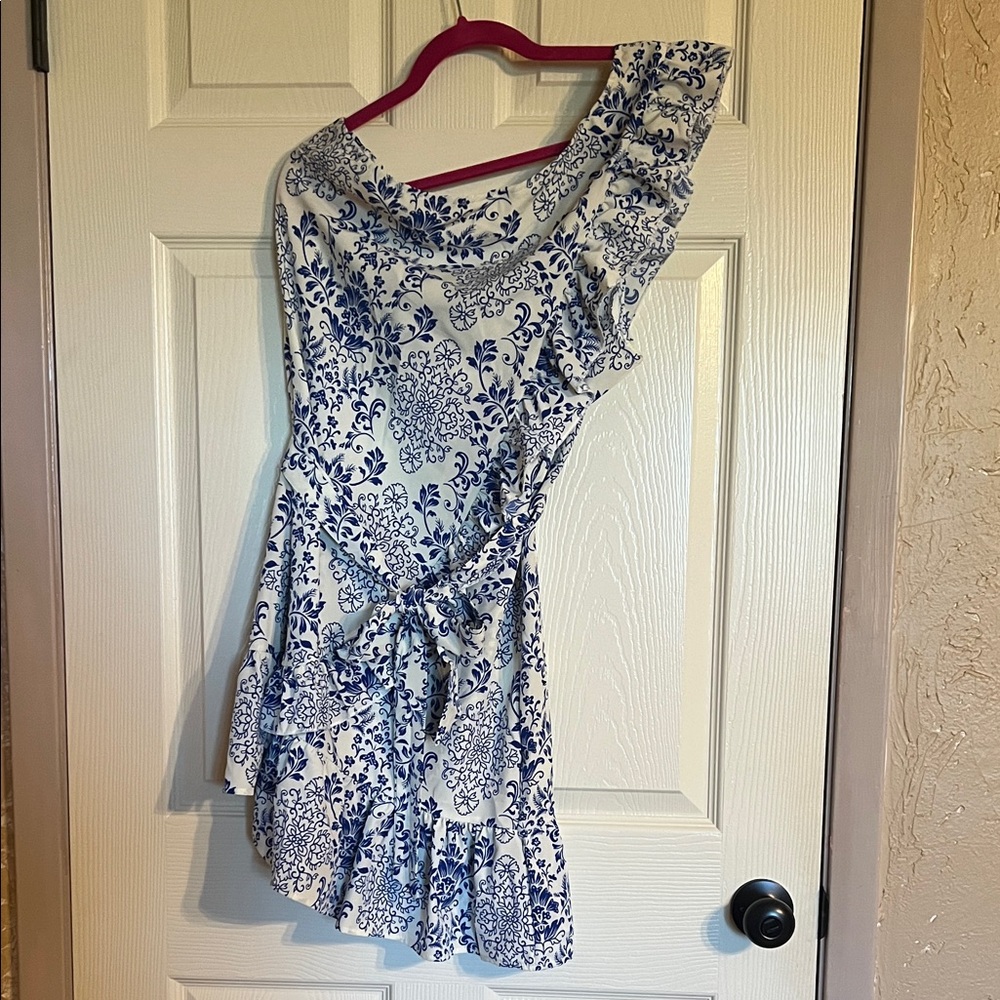 SHEIN White and Blue One-Shoulder Floral Ruffle Dress